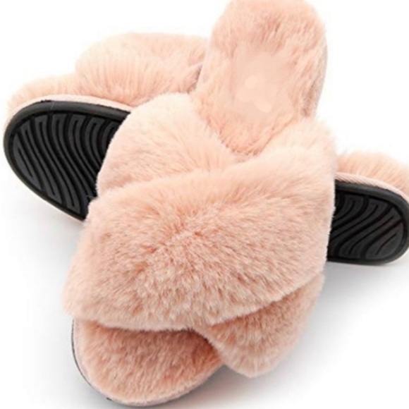 Shoes - Pink plush fuzzy crisscross house slippers S, M, L NWT